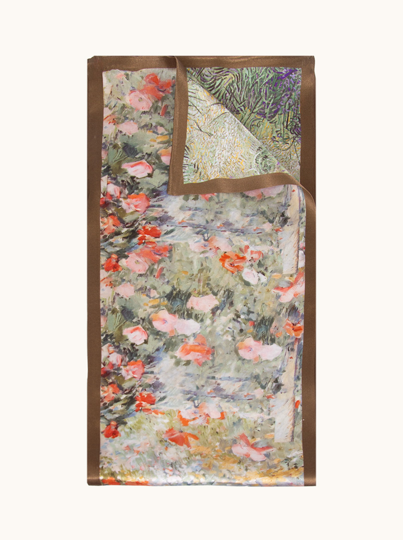 Double-sided narrow double silk shawl with painterly flowers 16cm x145cm image 4