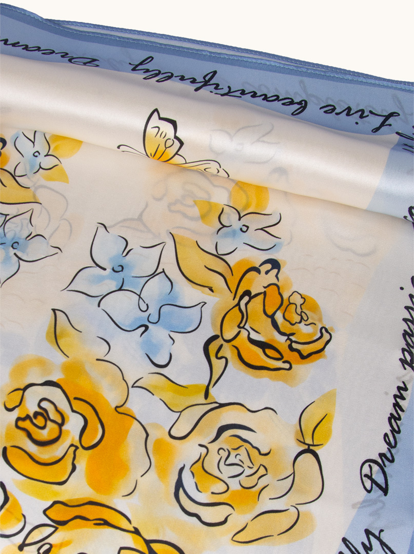 Silk scarf with blue border with flower motif 65 cm x 65 cm image 3