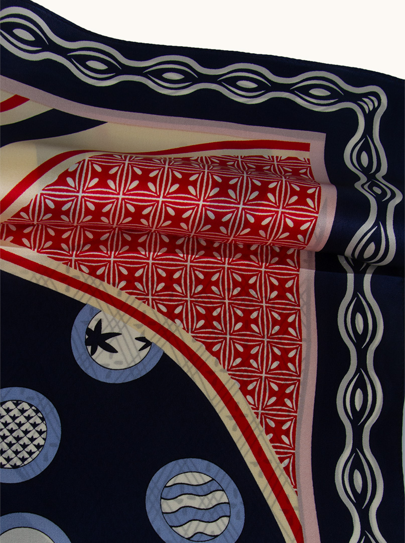 Silk gavroche with navy blue border and artistic pattern 53 cm x 53 cm image 3