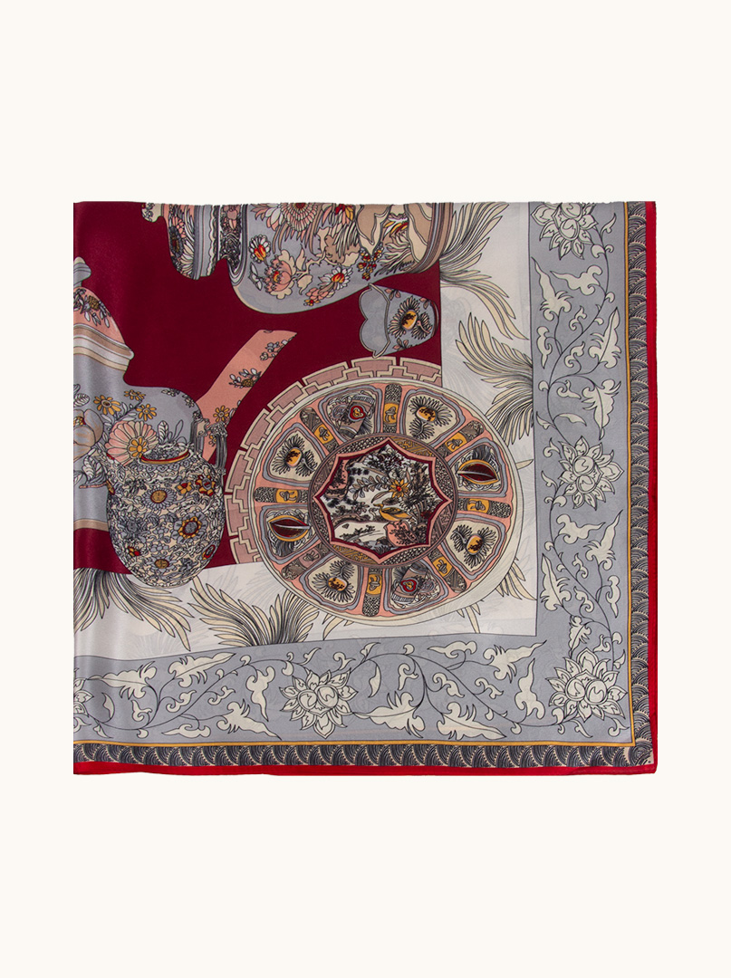 Silk scarf with red border with vase motif 86 cm x 86 cm image 4
