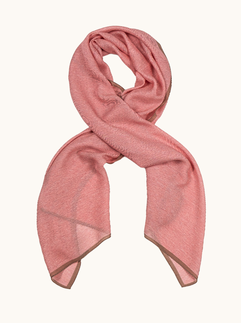 Wool and silk pink scarf with beige trim 65 cm x 190 cm image 1