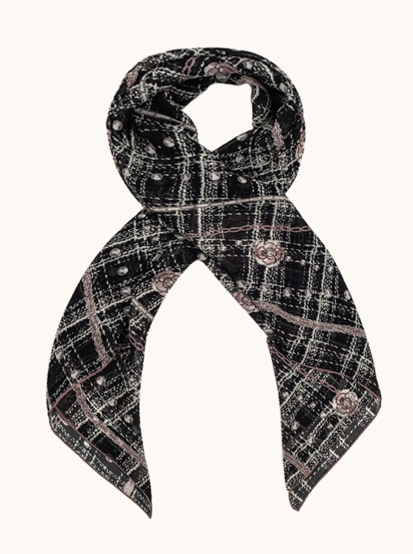 Large scarf silk mulberry check pearls roses on black 105 cm x110 cm image 1