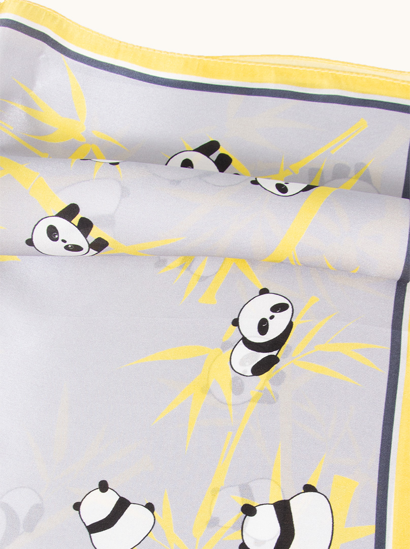 Small silk scarf gavroshka grey and yellow with panda motif 53cm x53cm image 4