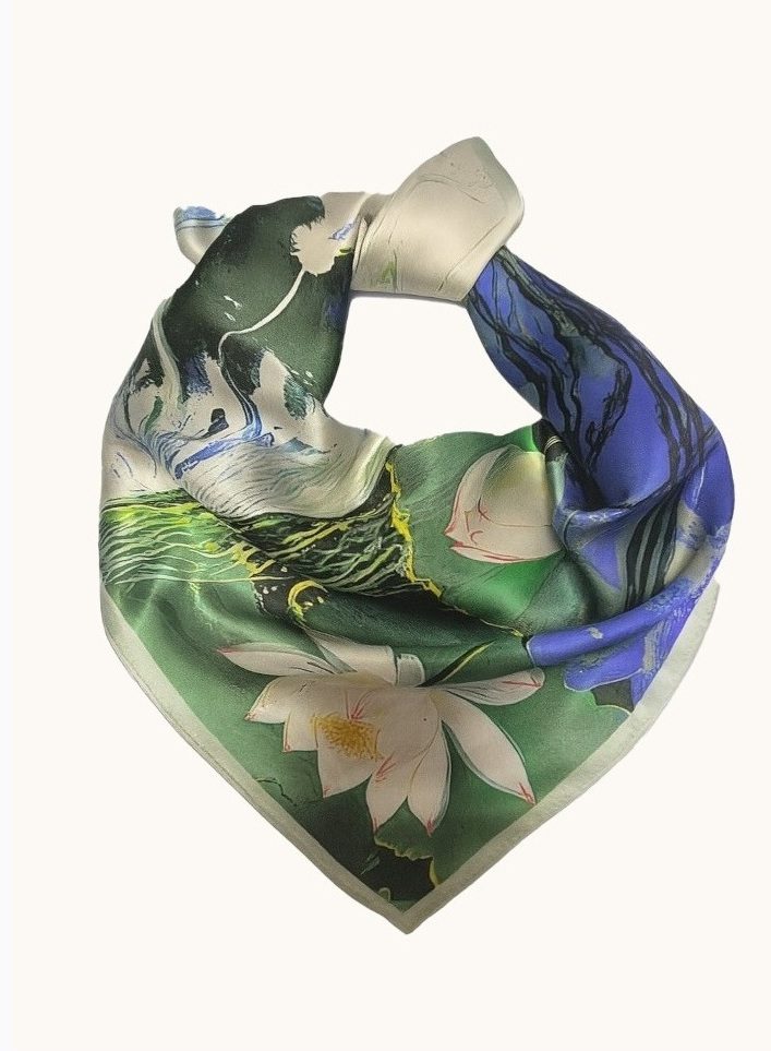 Small silk scarf with nenufar motif 53cm x53cm image 1