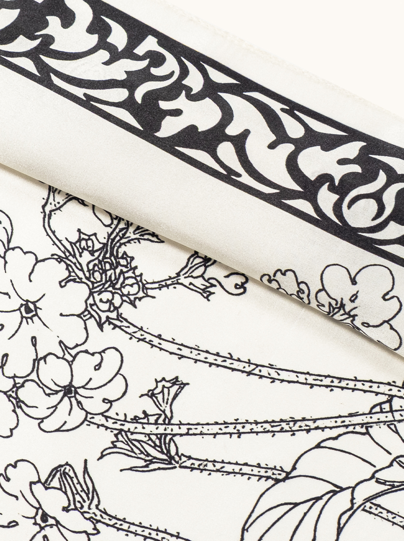 Small silk scarf in ivory shade with black ornament 53cm x53cm image 4