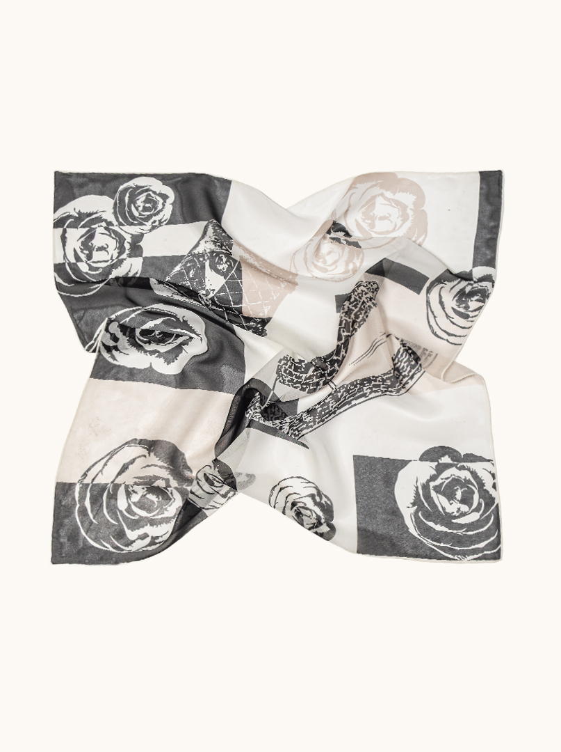Medium silk scarf with rose motif in shades of black, beige and white 65 cm x 65 cm image 3