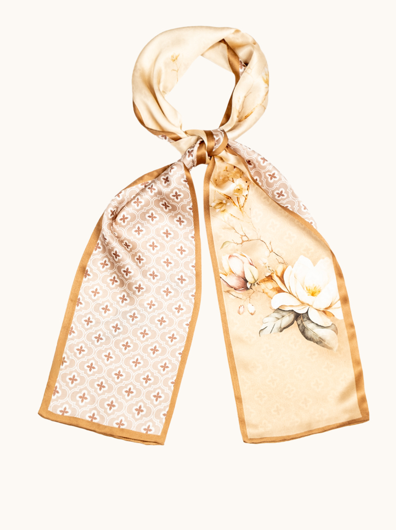 Silk shawl with magnolia flower and ornamental detail 16cm x 145cm image 1