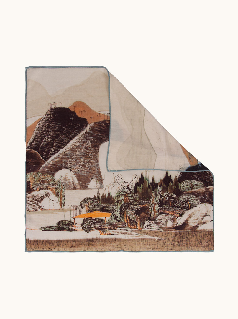 Double-sided wool-silk scarf with painterly landscape pattern 65 cm x 65 cm PREMIUM image 1