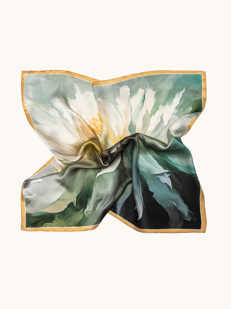 Medium silk scarf with floral motif in shades of green 68cm x 68 cm image 3