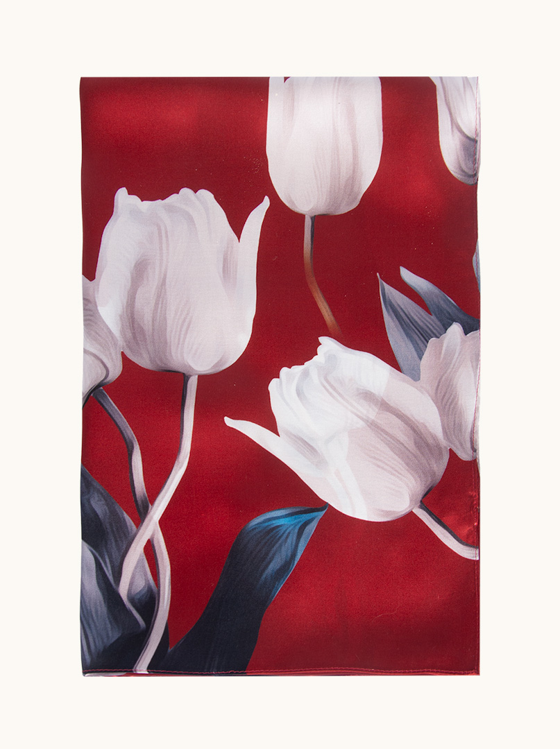 Maroon silk scarf with tulips 55 cm x 170 cm image 2