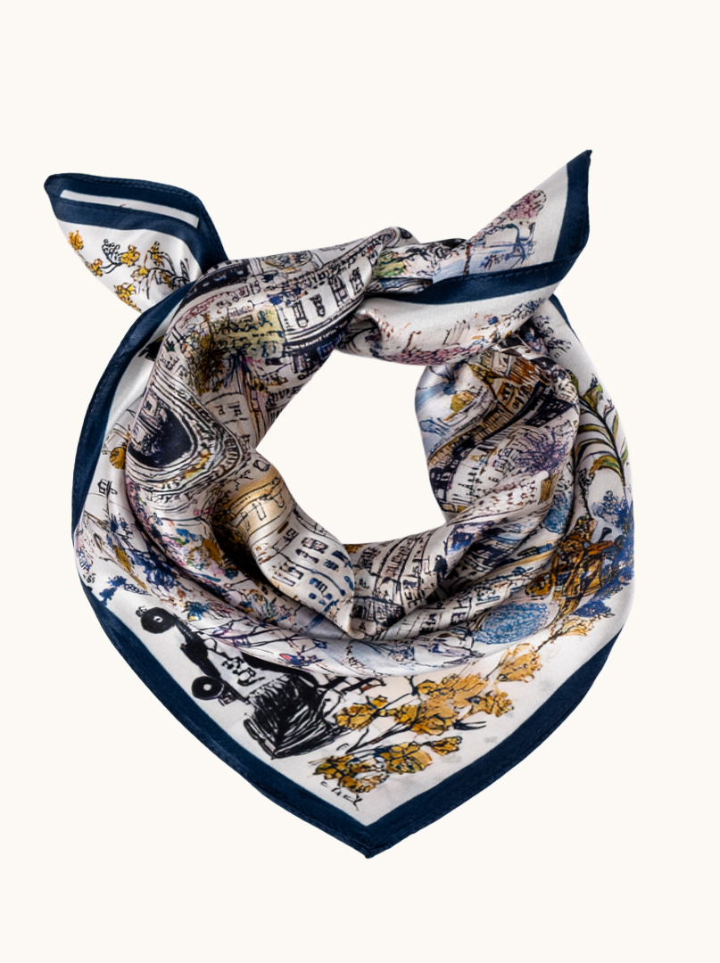 Small silk women's scarf with city motif, 53 cm x 53 cm image 1