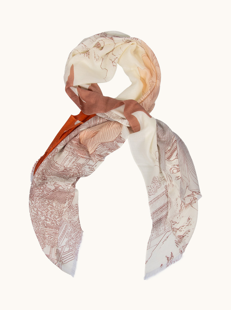 Scarf 100% wool in shade of beige with house motif 70 cm x 190 cm image 1