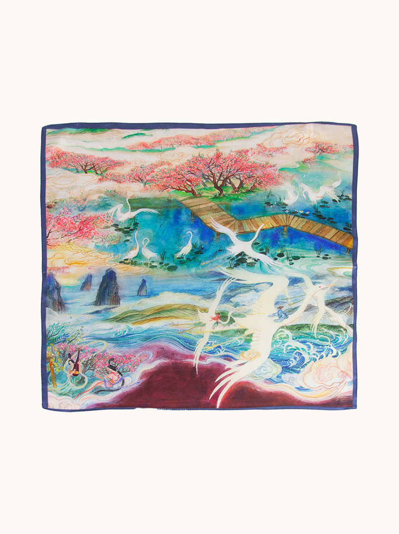 Small silk gavroshka scarf in a painterly landscape 53x53 cm image 2