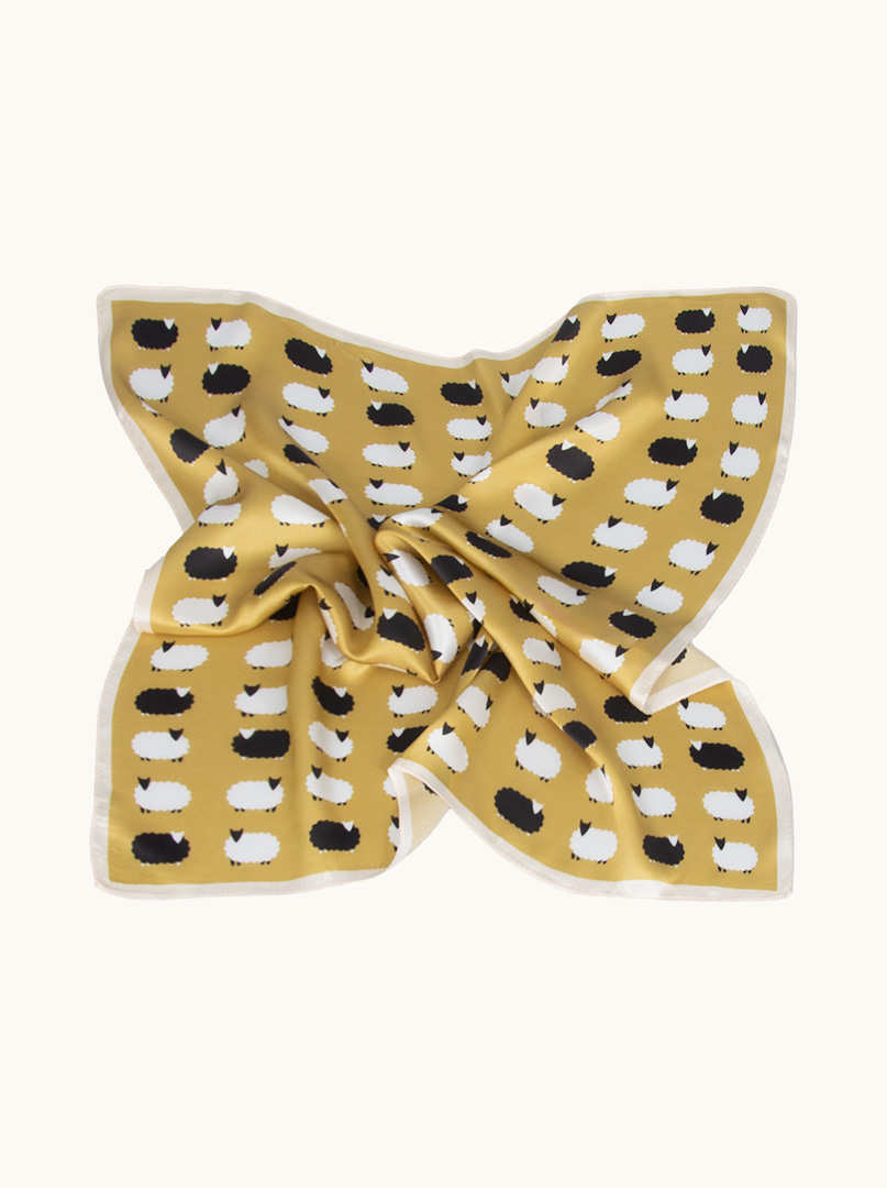Mustard-coloured silk scarf with sheep pattern 65 cm x 65 cm image 2