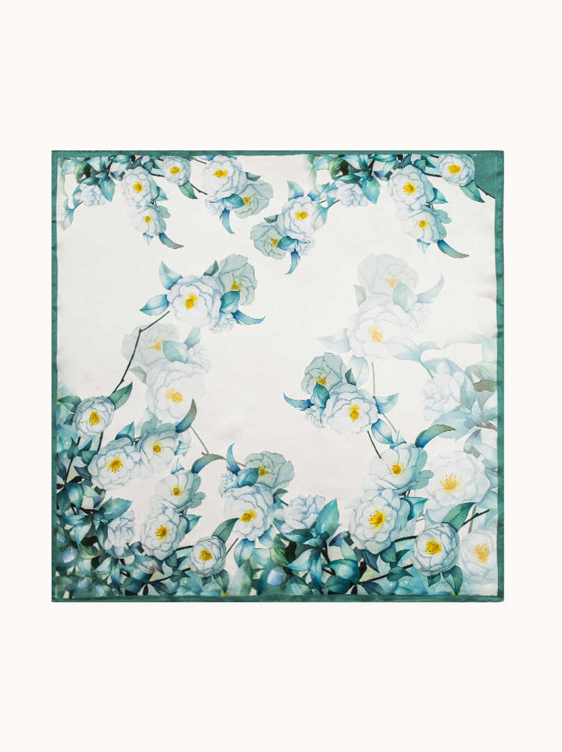Silk scarf in shades of white and emerald 68cm x 68cm image 3