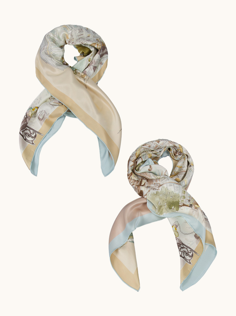  Large beige double-sided silk scarf with city motif 110cm x 110cm PREMIUM image 1