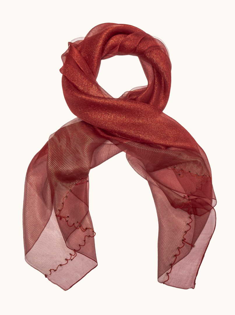 Red silk and wool evening scarf with ornaments 70x190 cm image 1