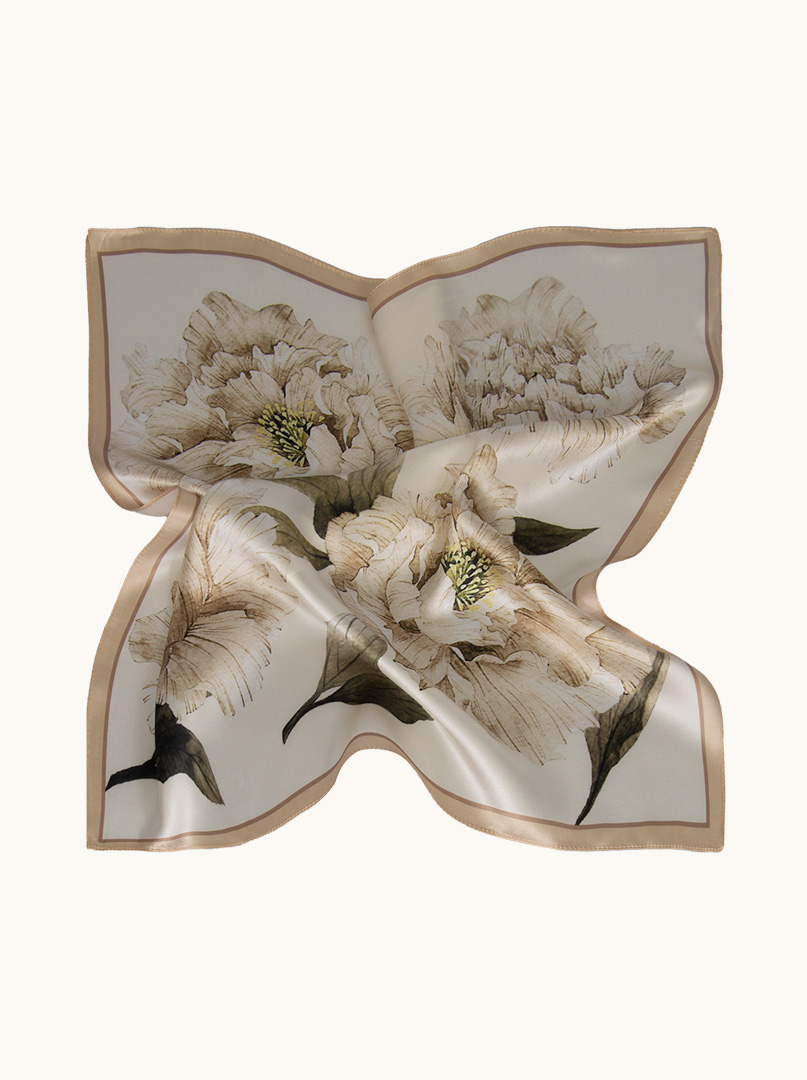 Beige silk gavroche with peony flower 53 cm x 53 cm image 4