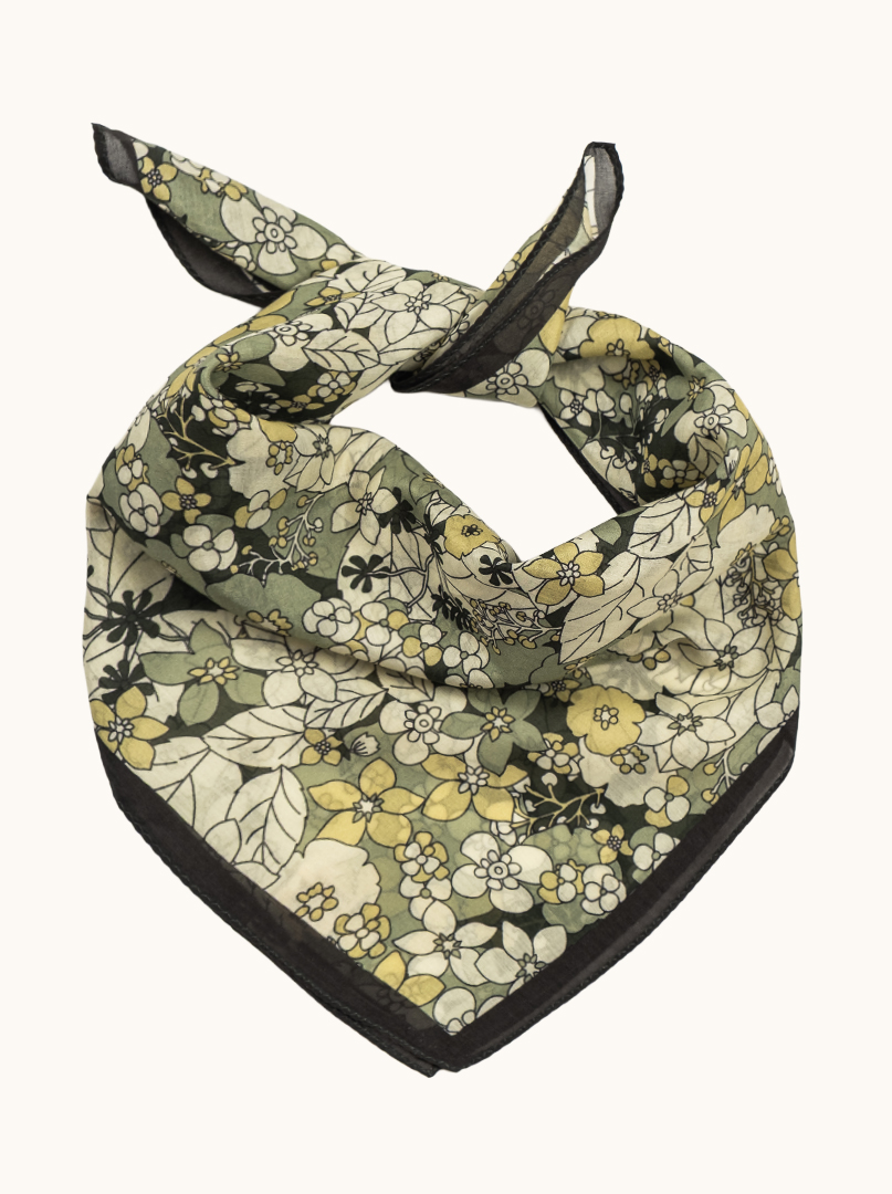 Small silk gavroshka scarf with floral pattern in olive yellow flowers 53cm x53cm image 1