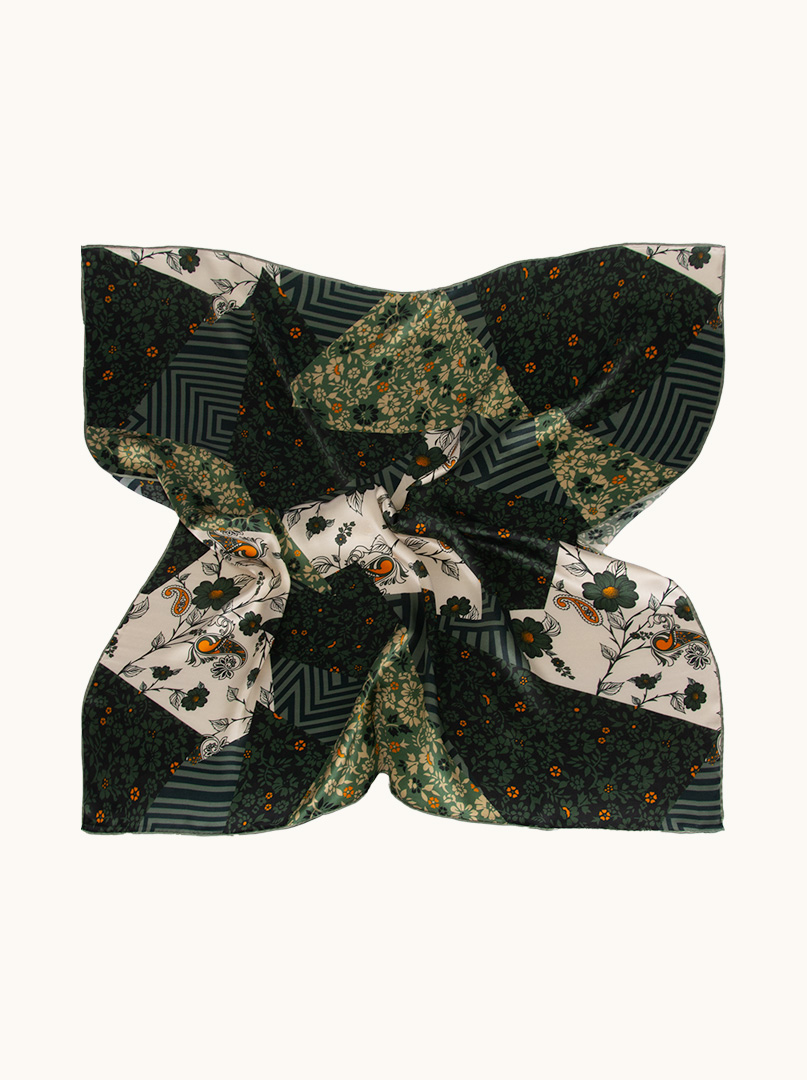 Green silk scarf with floral motif 90 cm x 90 cm image 3