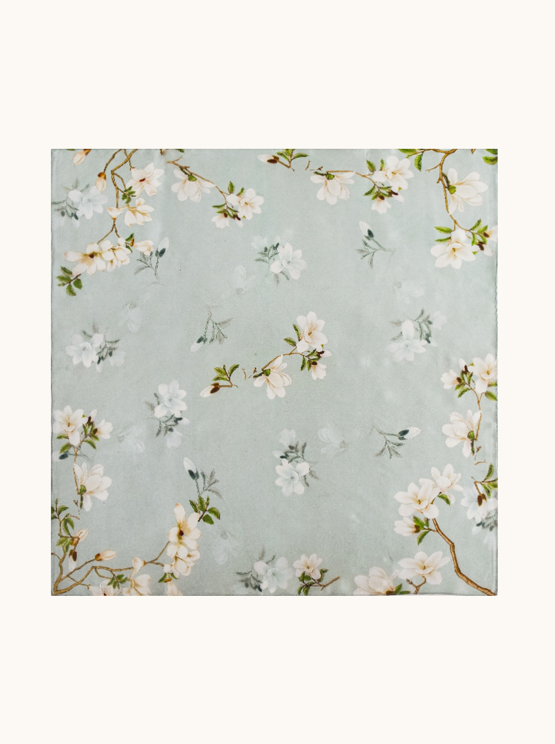 Silk scarf magnolias on celadon background 68cm x 68cm image 2