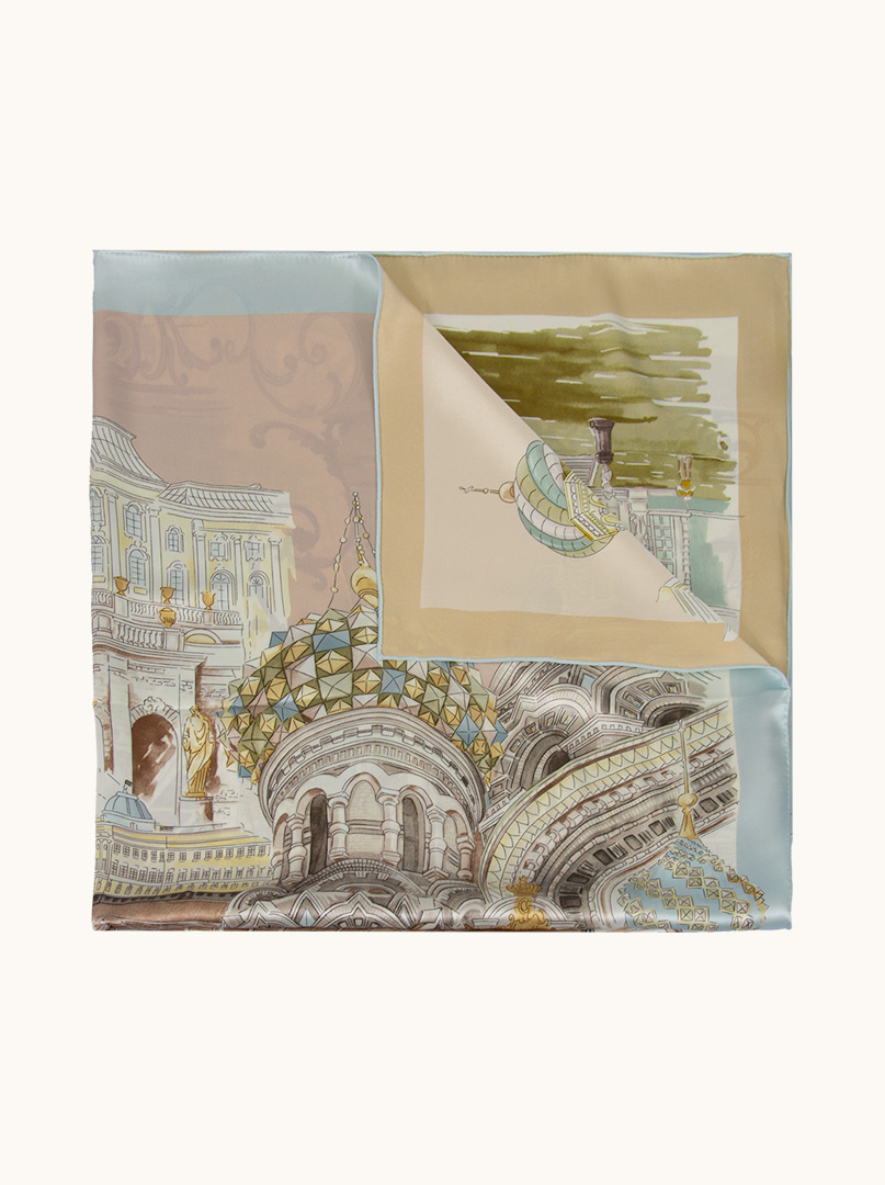  Large beige double-sided silk scarf with city motif 110cm x 110cm PREMIUM image 4