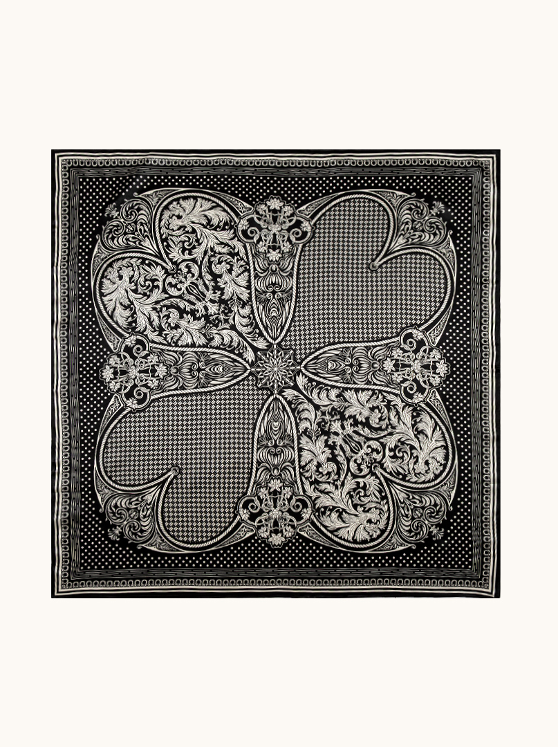 Large black silk scarf with a baroque pattern, 90 cm x 90 cm image 2