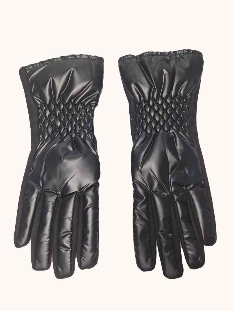 Women's knitted quilted gloves, shiny black image 2