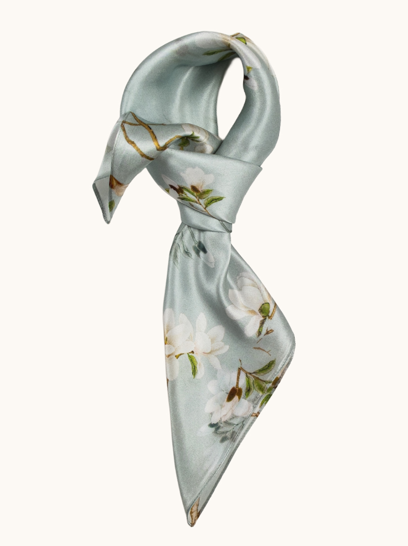Silk scarf magnolias on celadon background 68cm x 68cm image 1