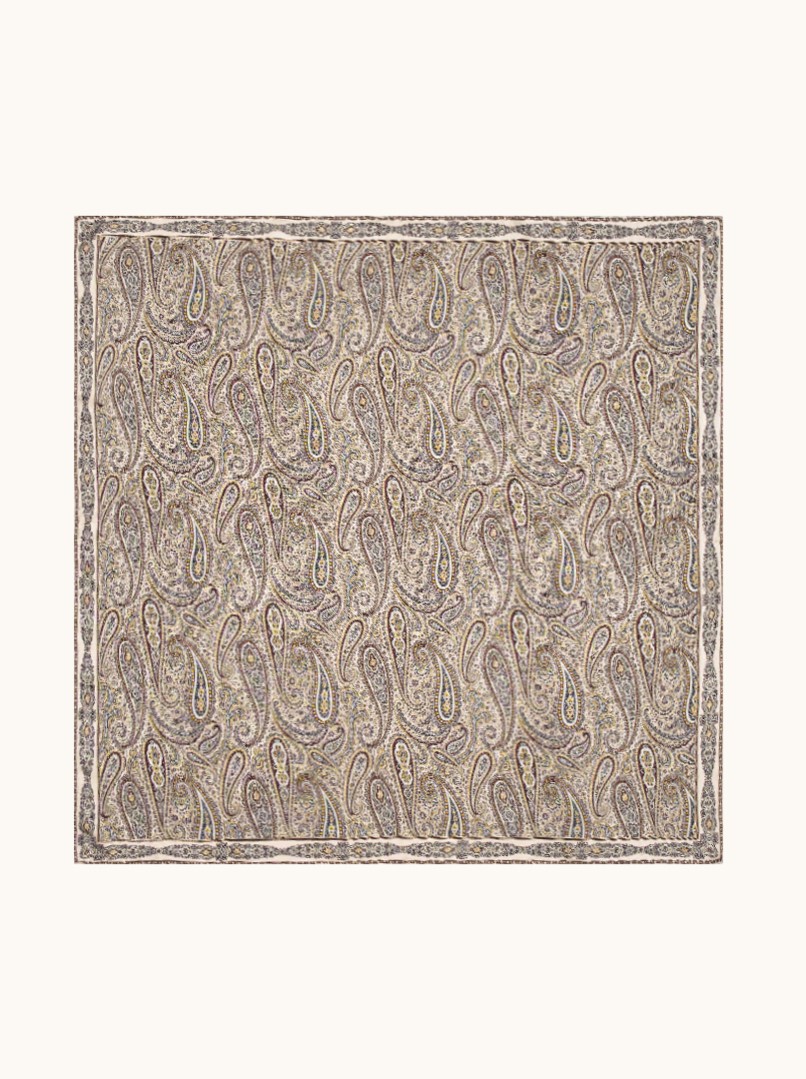 Exclusive silk double-sided beige and blue scarf with paisley pattern 90cm x 90cm image 3