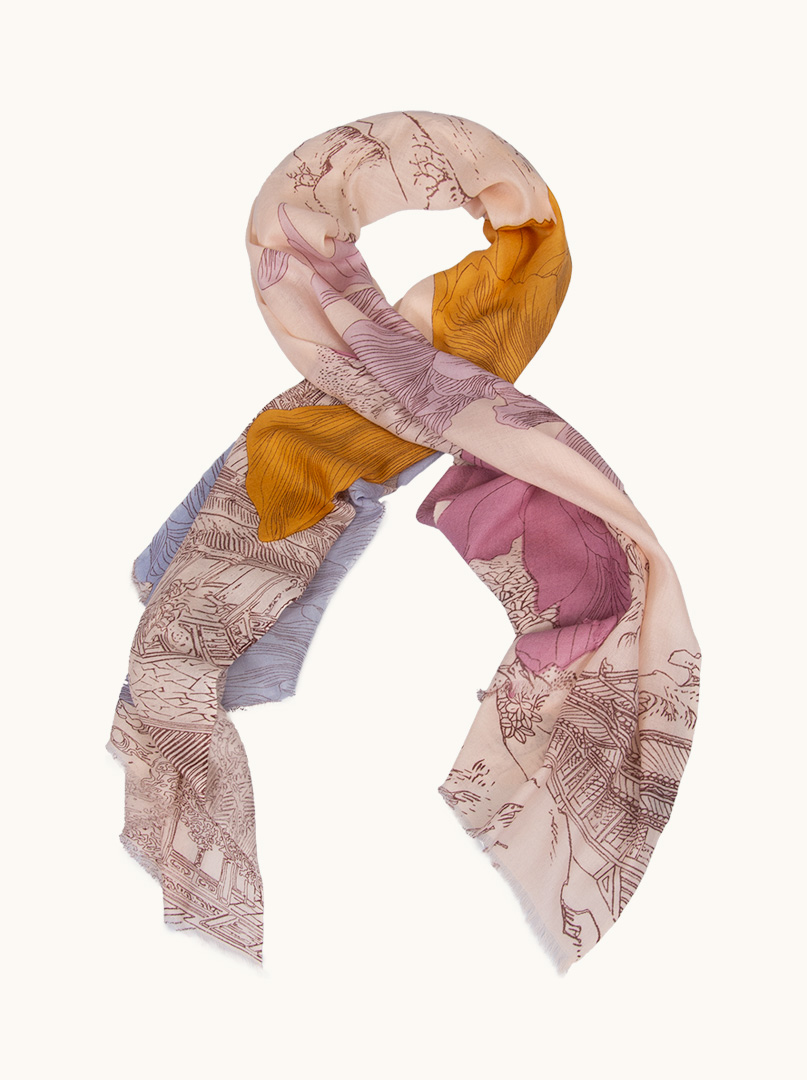 Scarf 100% wool in shade of pink with house motif 70 cm x 190 cm image 1