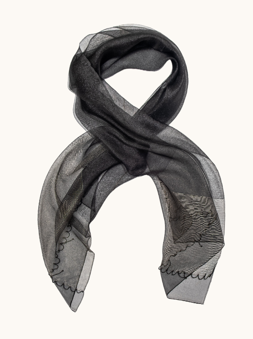Black evening shawl with silk and wool decoration 70x190 cm image 1