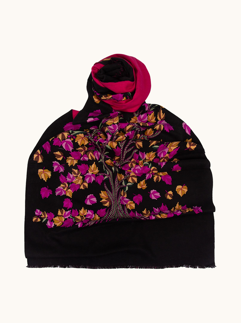 Warm silk scarf, double-sided, black and pink with a maple tree, 65cm x 200cm image 1