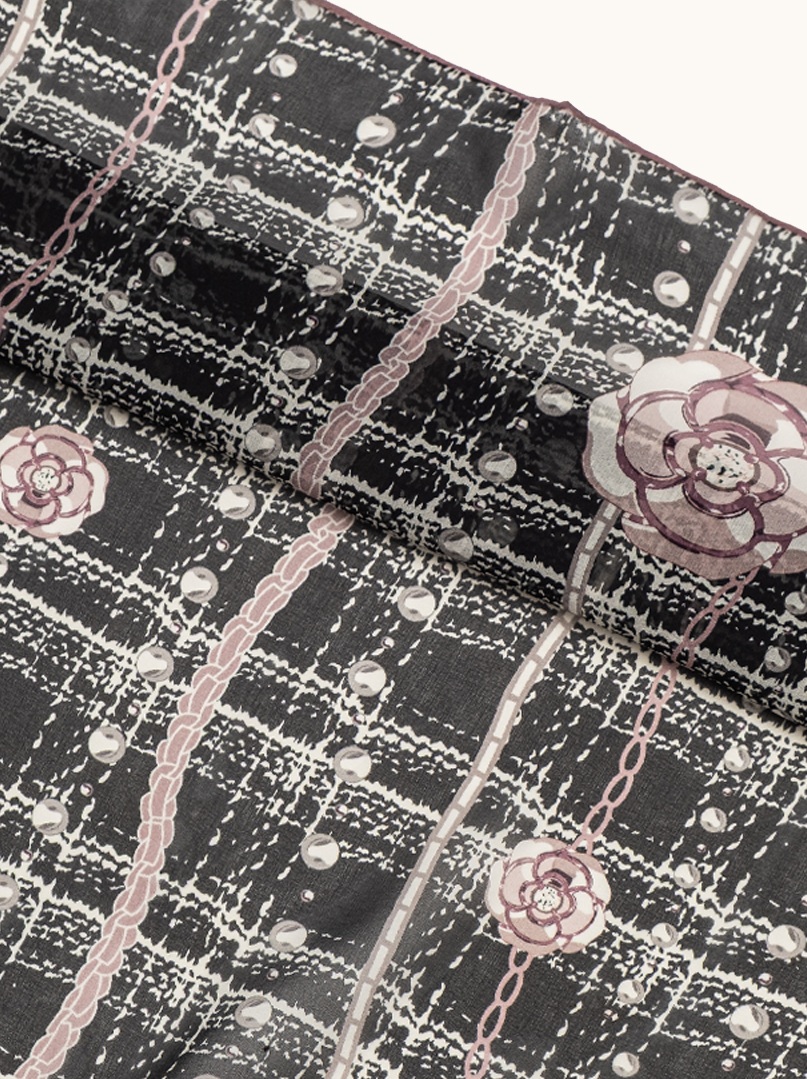 Large scarf silk mulberry check pearls roses on black 105 cm x110 cm image 4