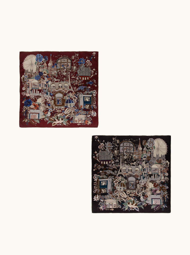 Two-sided wool-silk scarf black and maroon with motif of iconic cities of the world 88 cm x 88 cm image 1