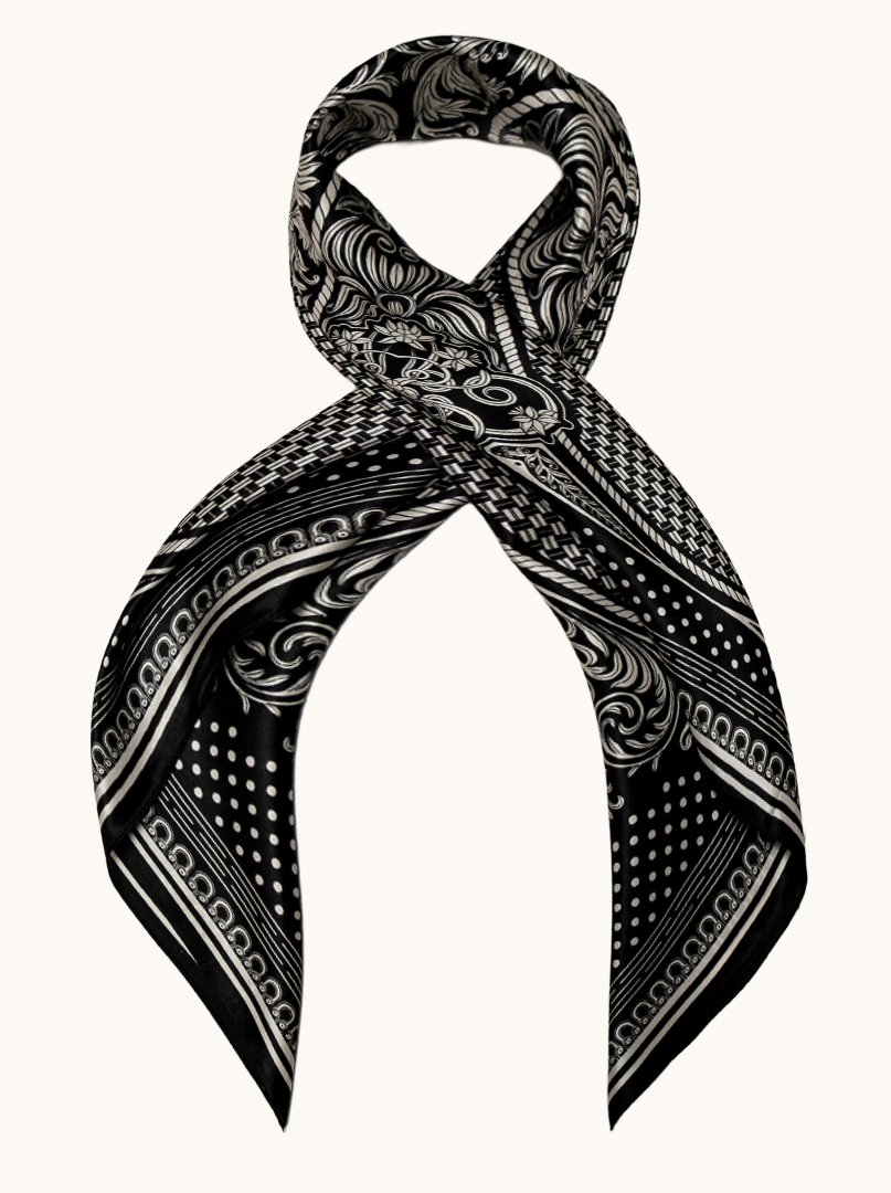 Large black silk scarf with a baroque pattern, 90 cm x 90 cm image 1