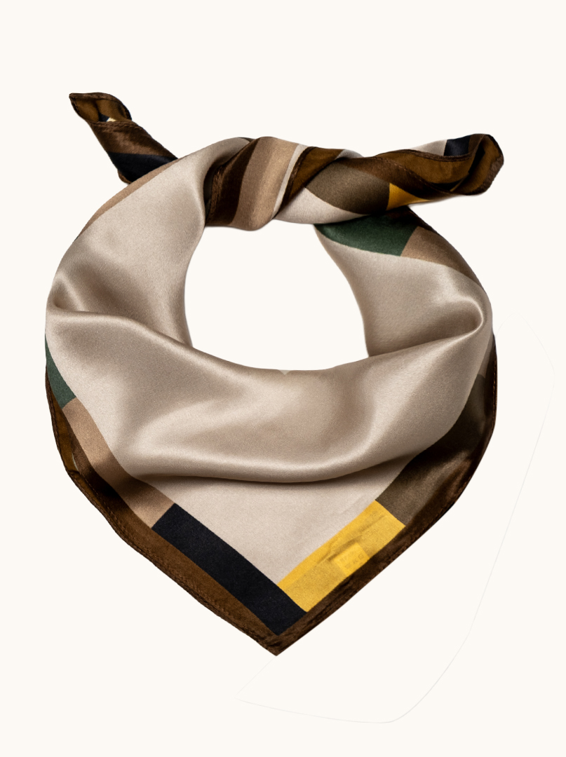 Small women's silk scarf in beige with a geometric frame, 53 cm x 53 cm image 1