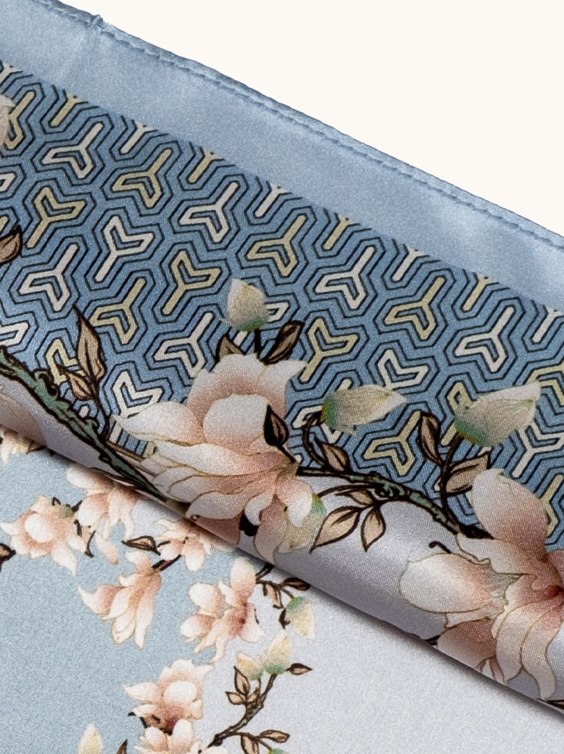 Small silk scarf for women, blue with magnolias, 53 cm x 53 cm image 4