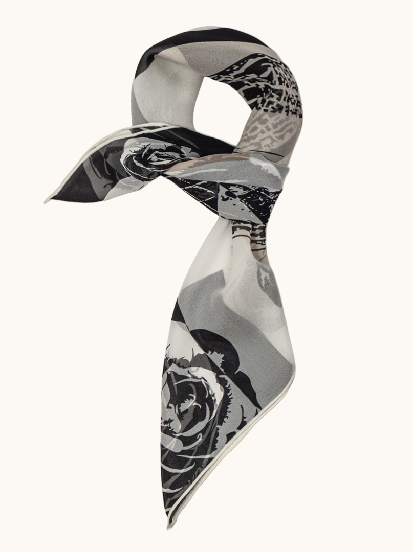 Medium silk scarf with rose motif in shades of black, beige and white 65 cm x 65 cm image 1