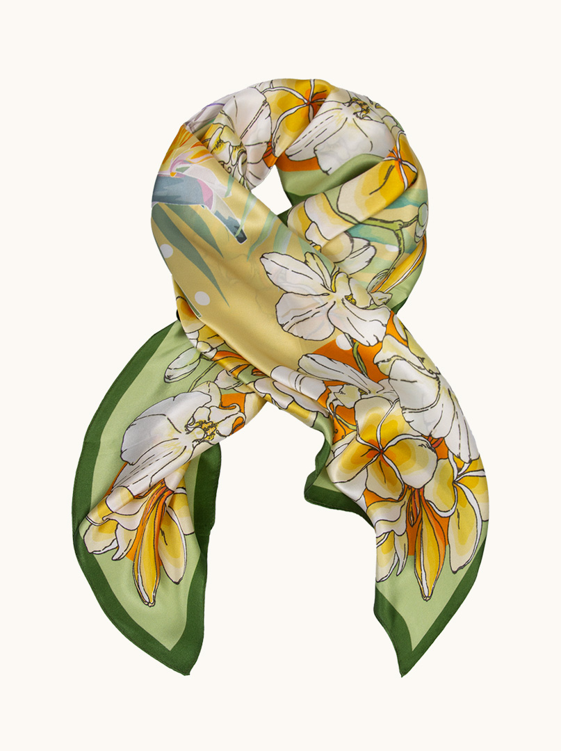 Green silk scarf with floral motif 90 cm x 90  image 1