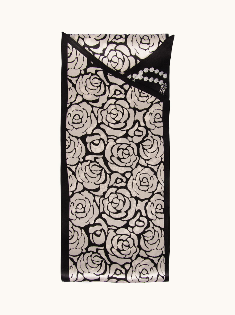 Double-sided narrow silk scarf with rose and pearl motif black and white 17cm x 150cm  image 2