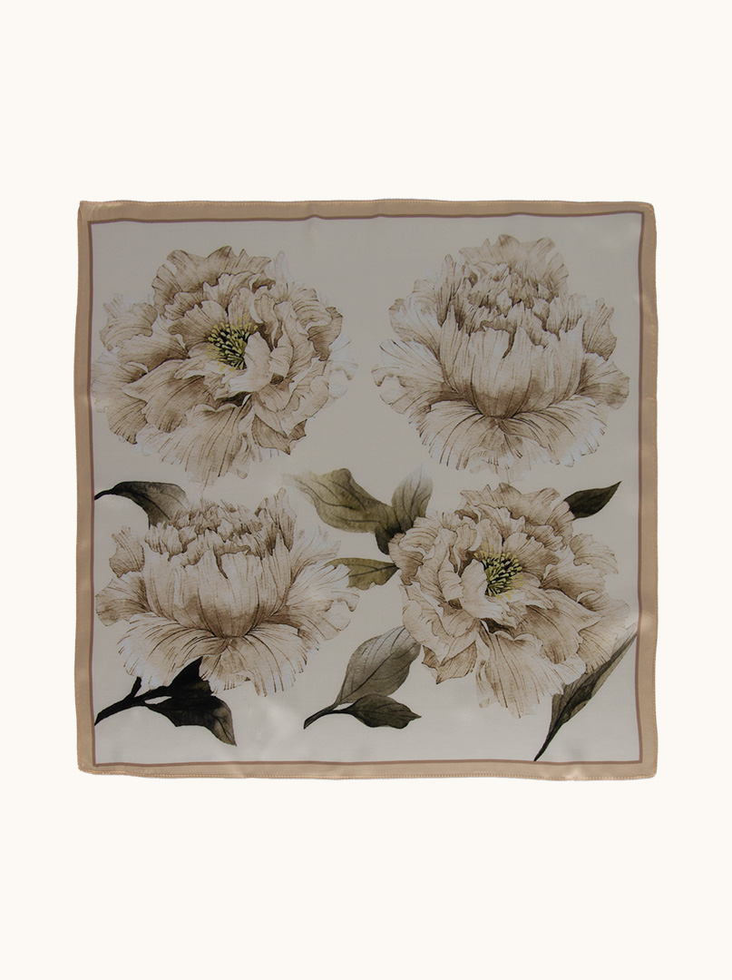 Beige silk gavroche with peony flower 53 cm x 53 cm image 1