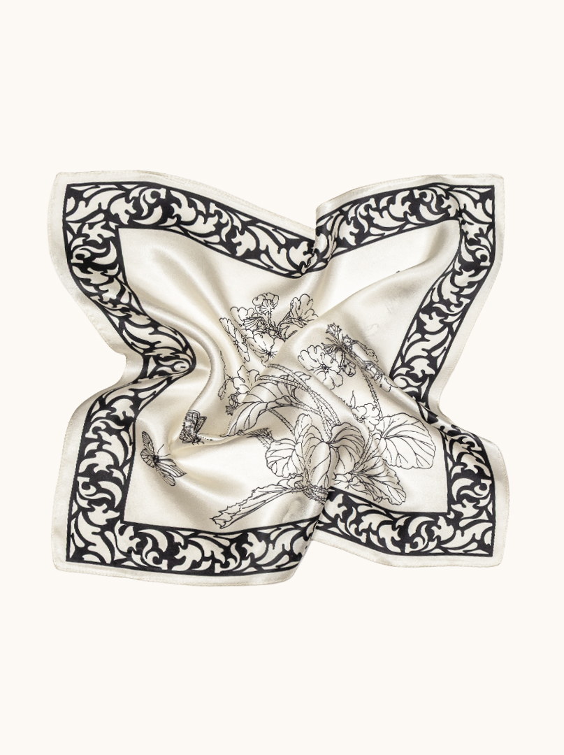 Small silk scarf in ivory shade with black ornament 53cm x53cm image 3
