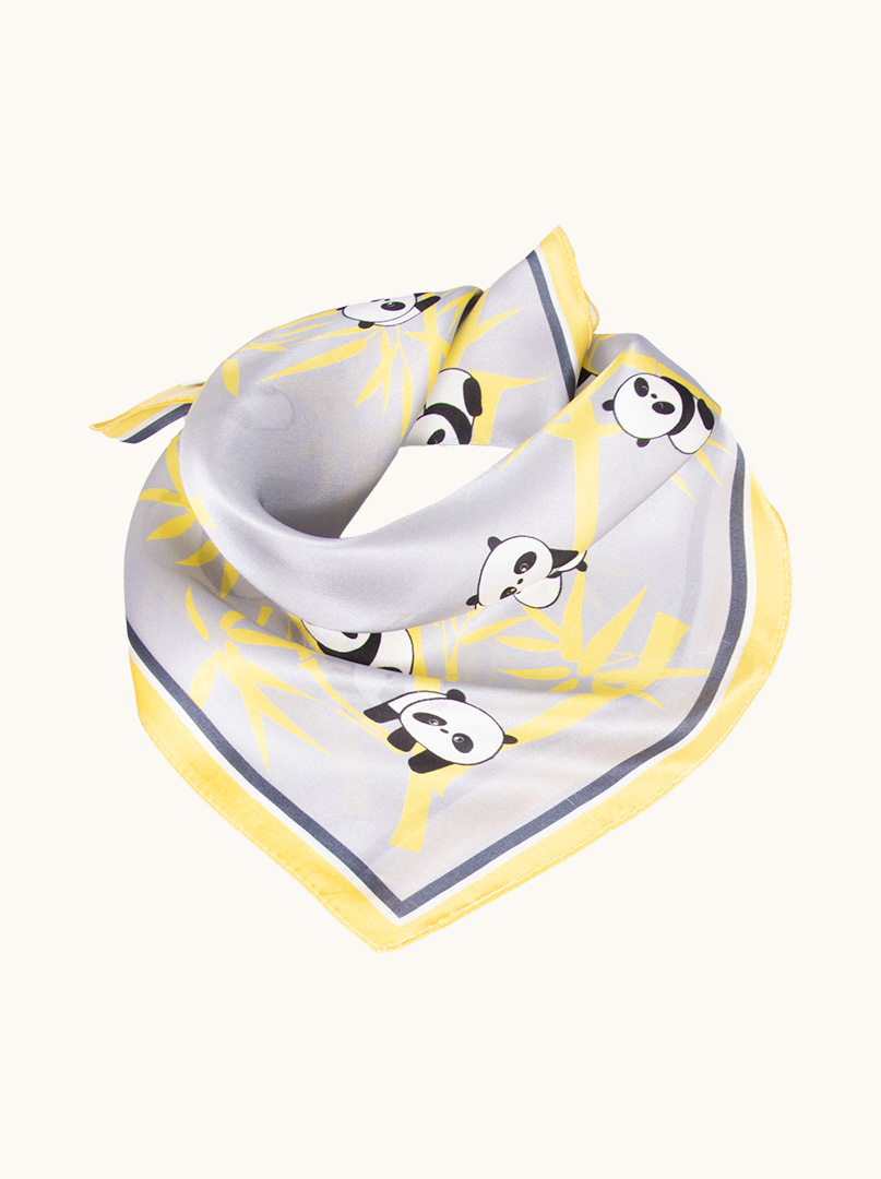 Small silk scarf gavroshka grey and yellow with panda motif 53cm x53cm image 1