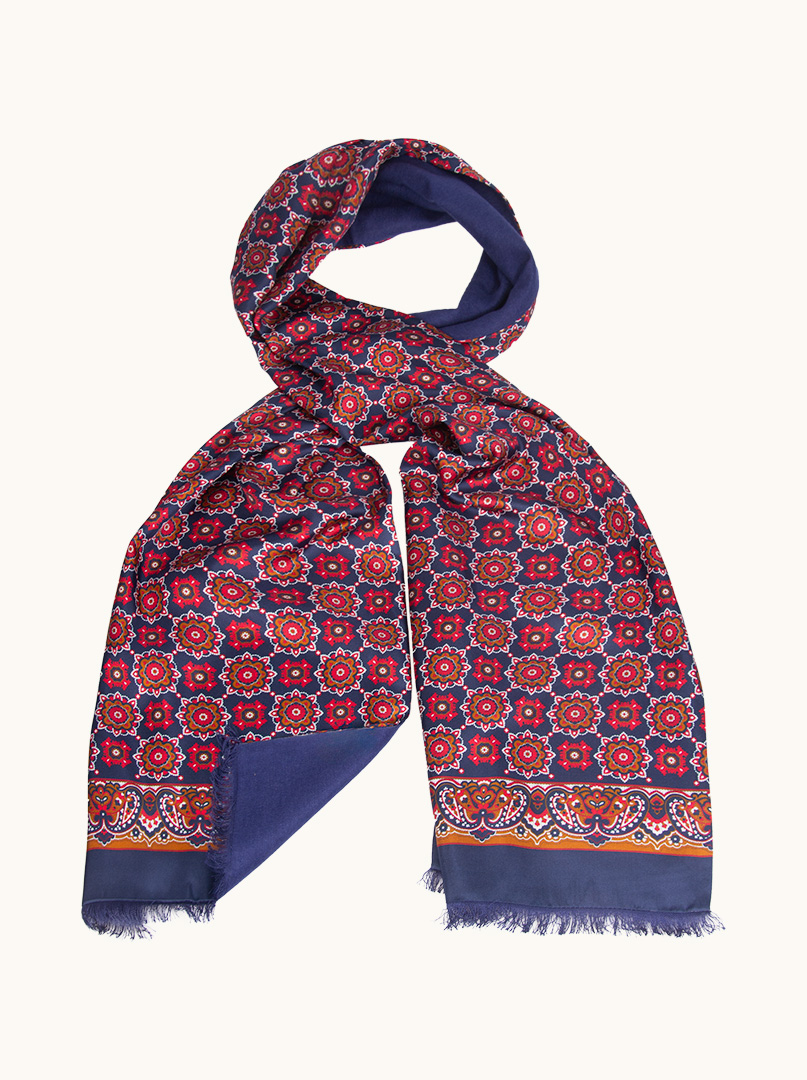 Exclusive men's navy blue patterned silk scarf 30 cm x 180 cm image 2