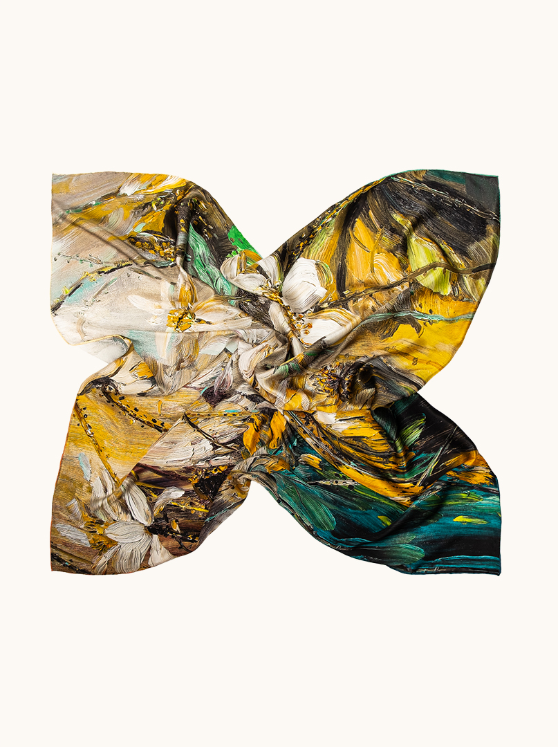 Large 110x110cm silk scarf in graphite with yellow patterns image 3