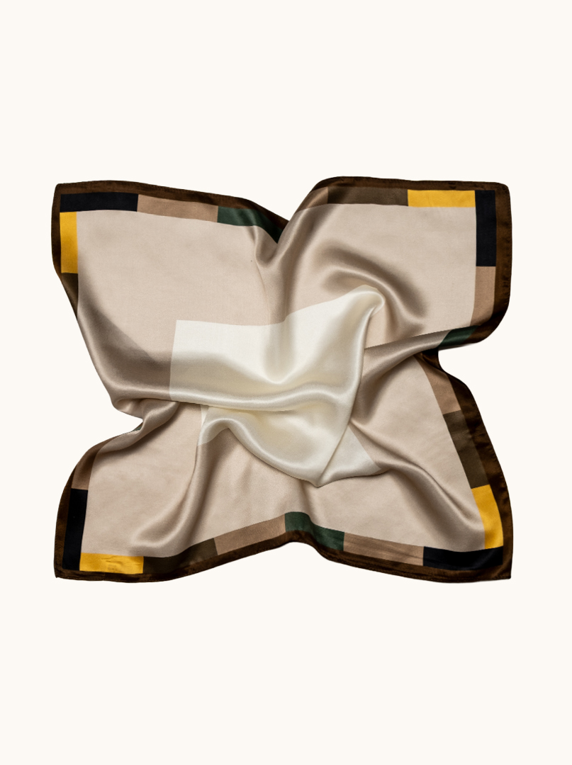 Small women's silk scarf in beige with a geometric frame, 53 cm x 53 cm image 4