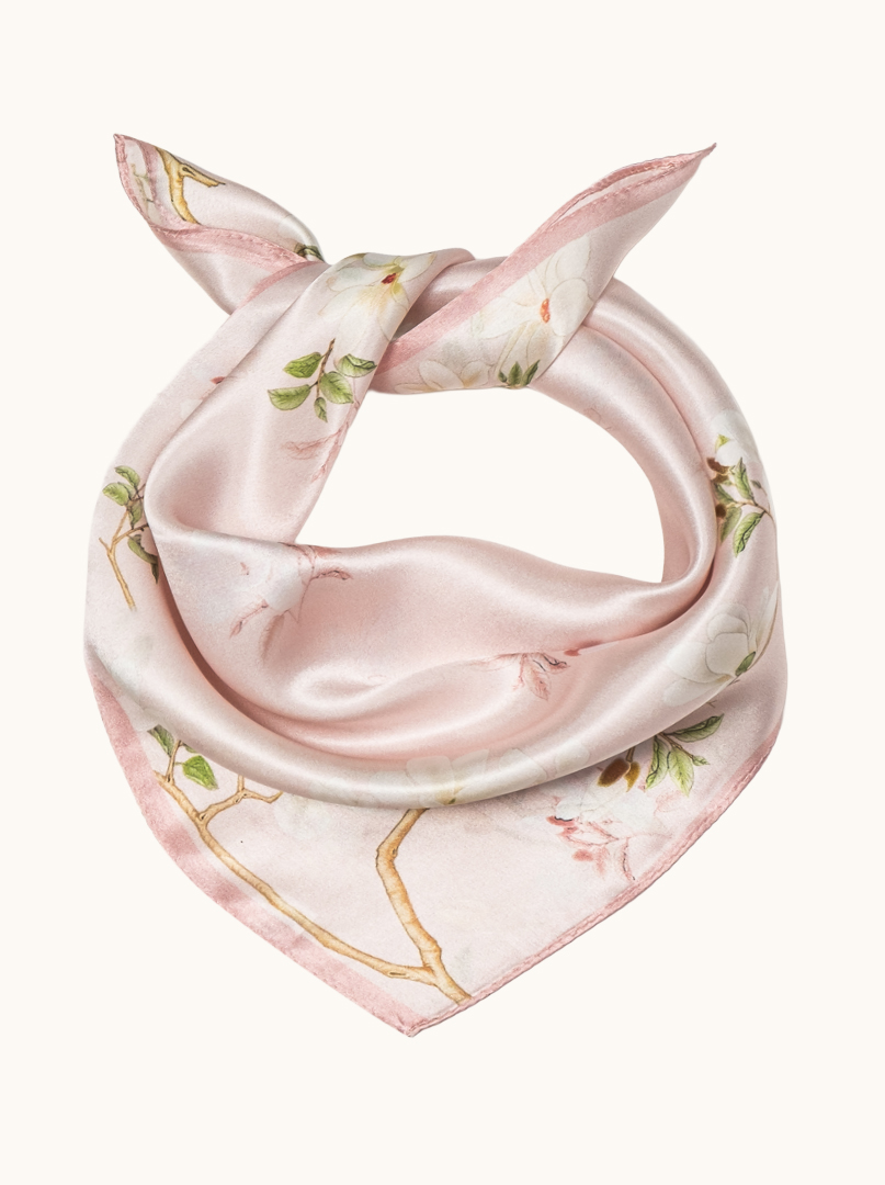 Small silk scarf in powder pink with blooming magnolia motif 53cm x53cm image 2