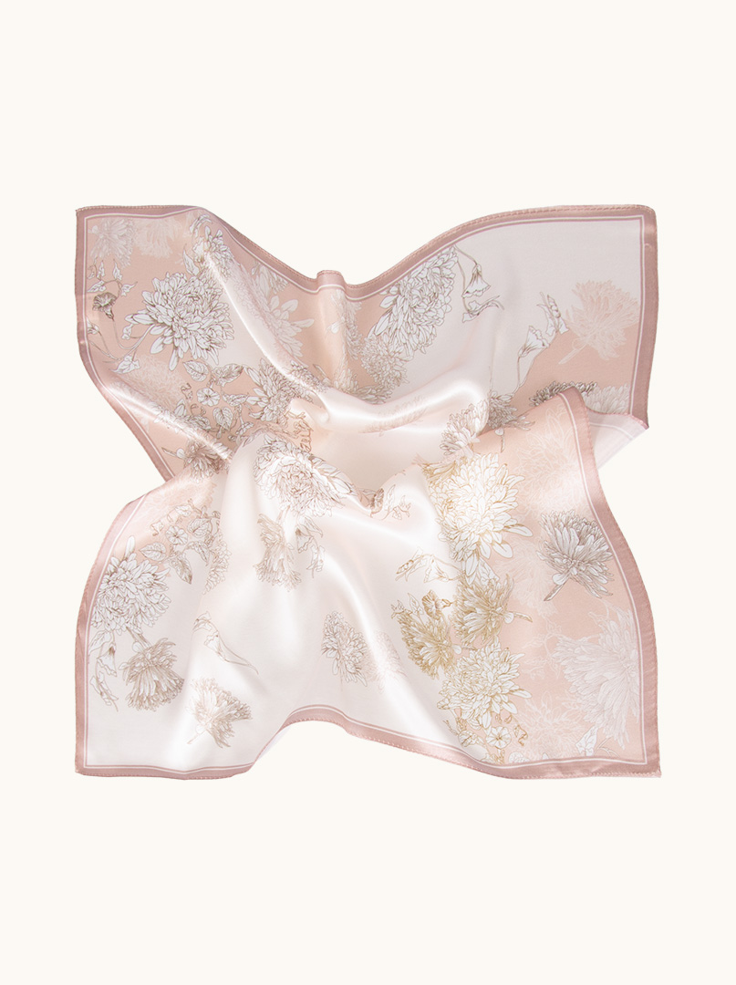 Small silk scarf gavroshka powder pink with delicate flowers 53cm x53cm image 3