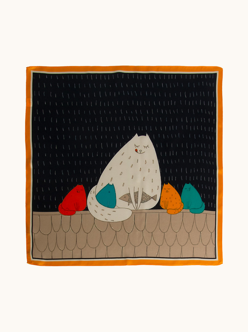 Small women's silk scarf with cat print 53cm x 53cm image 2
